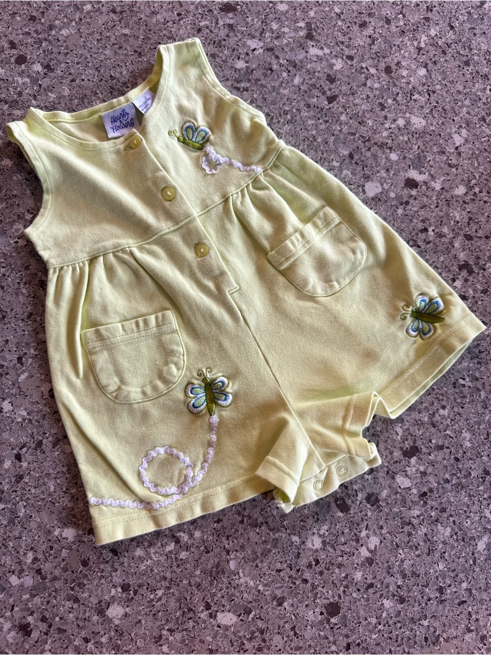 VTG Hearts & Flowers Butterfly Romper 12M Chartreuse Y2K Ric Rac Trim